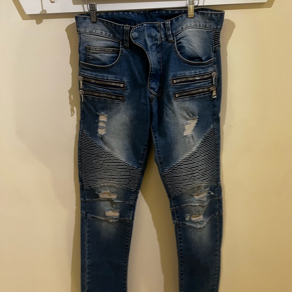 Balmain Distressed Blue Denim moto jeans